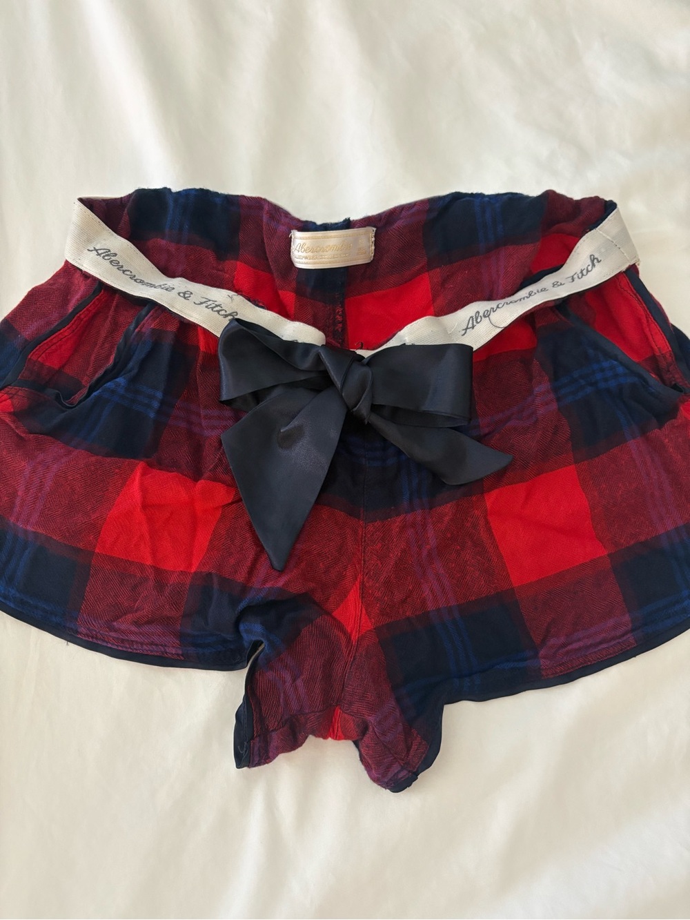 Vintage Y2K Abercrombie & Fitch Red Navy Plaid Bow-Front Women’s Sleep Shorts